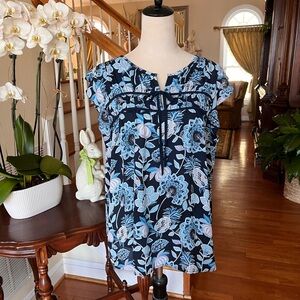 Navy Blue Floral Tie-Neck Blouse